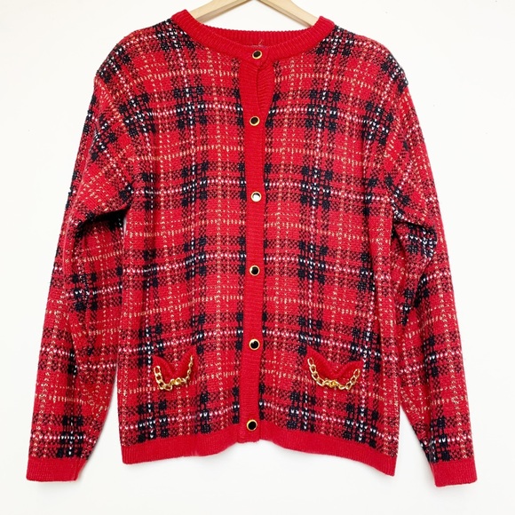 Vintage Laura Scott Red & Gold Plaid Cardigan Women’s Size Large - Picture 1 of 8